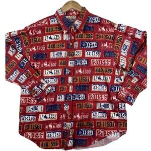 Vintage Barn Fly Men's Western License Plate Print Cotton Shirt  L Made in USA